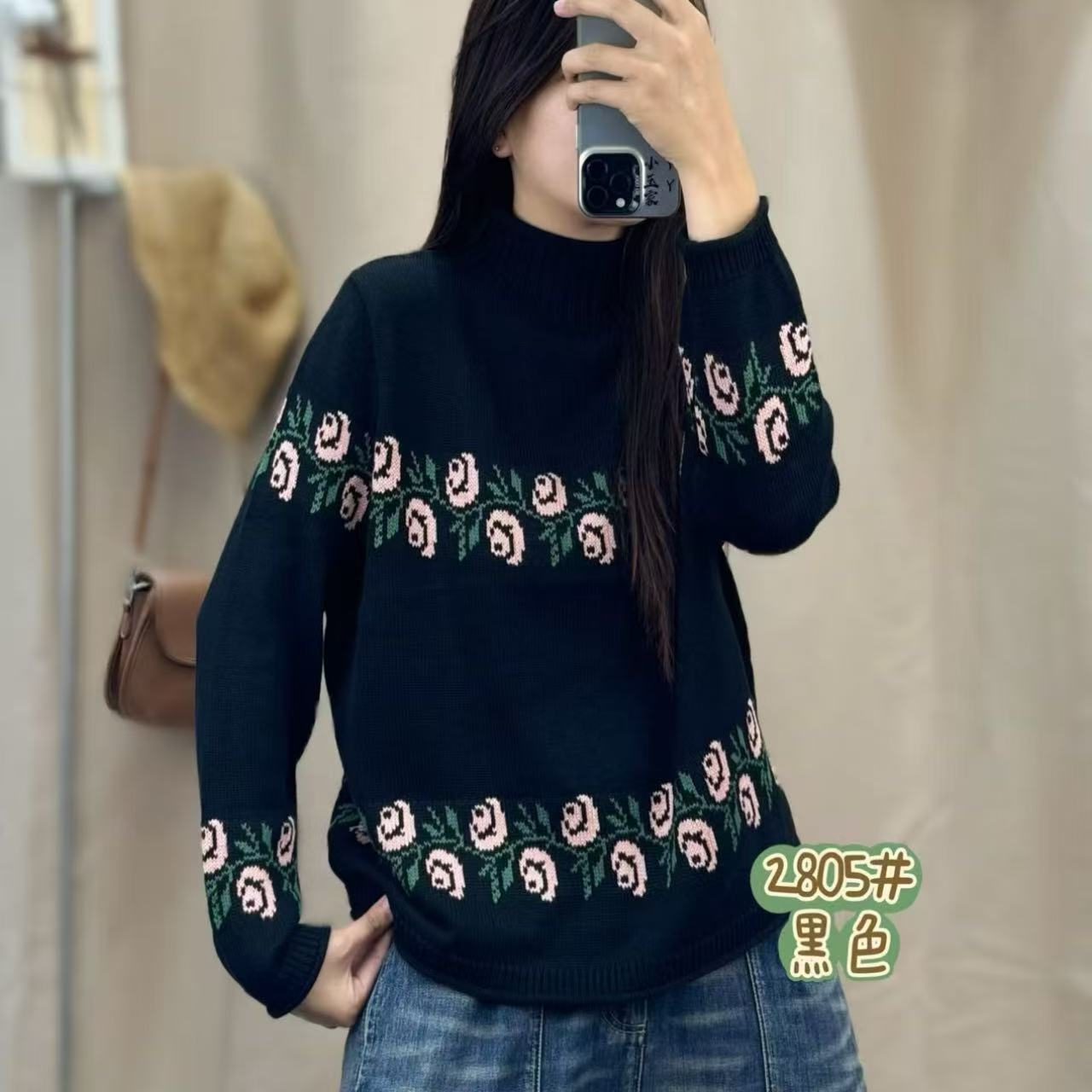 【FH】手工织花半高领毛衣2805网红针织时尚百搭秋冬提花套头