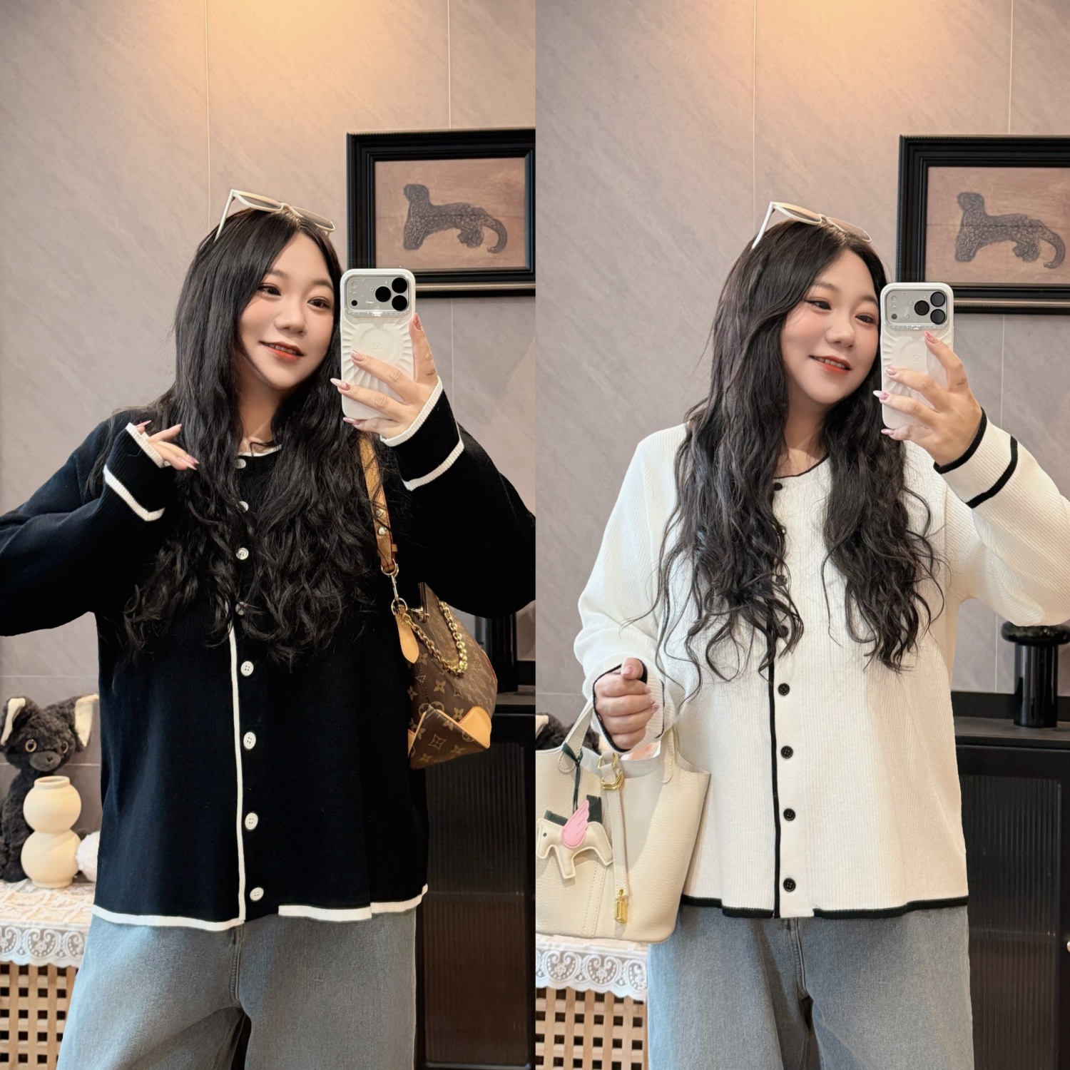 花契“首尔初雪”大码女装冬季宽松200斤胖mm时尚撞色针织衫14931-H