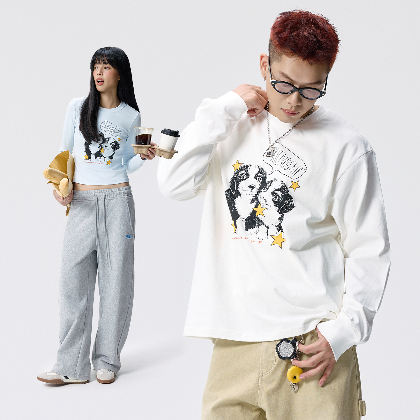 Remedy 秋季卡通小狗印花长袖T恤男女美式潮牌宽松情侣打底衫上衣
