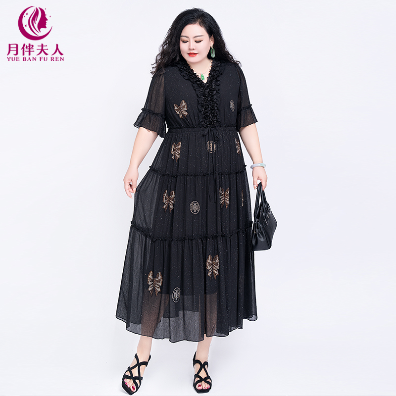 月伴夫人2025夏新款大码高级感V领木耳边钉珠烫钻网纱连衣裙5176
