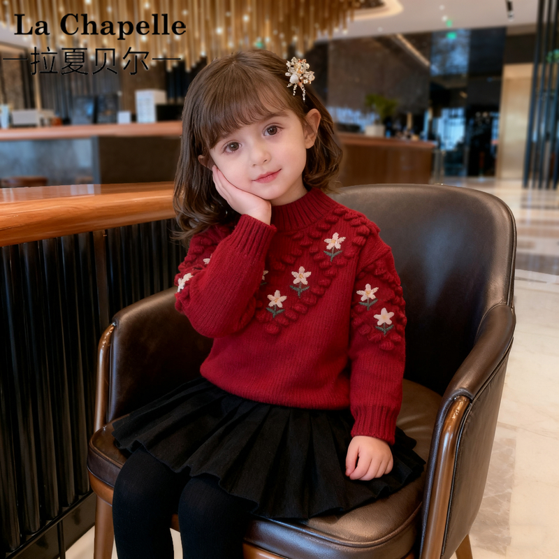 拉夏贝尔女童毛衣秋冬装红色刺绣套头女宝洋气加厚保暖中童针织衫