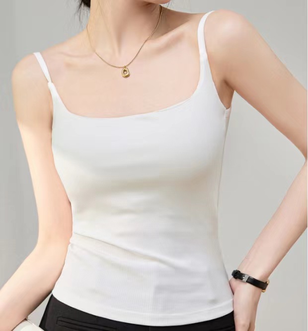 【百搭神器】春季显瘦纯色U领莱赛尔外穿女背心白色打底带胸垫吊带