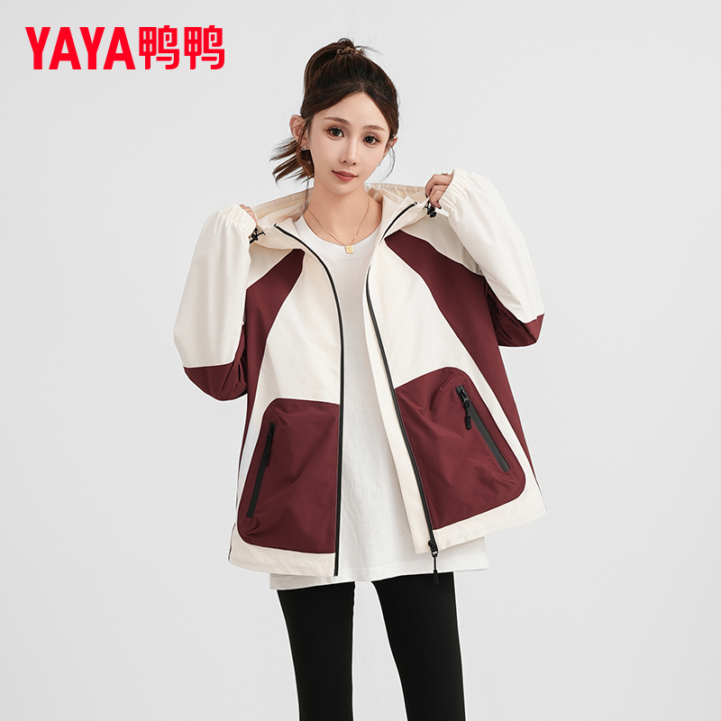 YAYA/鸭鸭外套短款女春秋季时尚拼色户外简约休闲上衣YF4P603425H