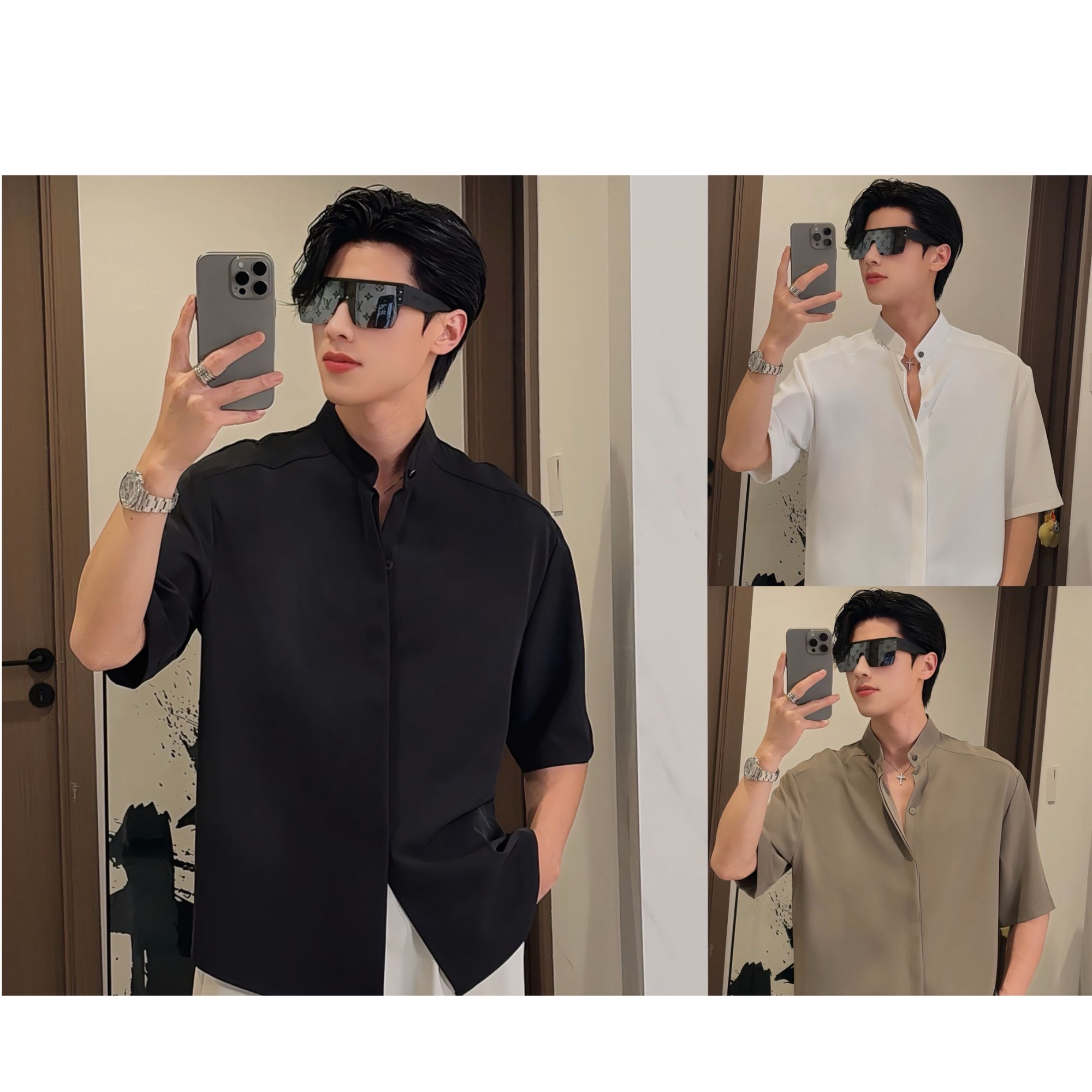 【瑞诚男装】夏季新款男士立领宽松纯色设计师立体裁剪百搭衬衣