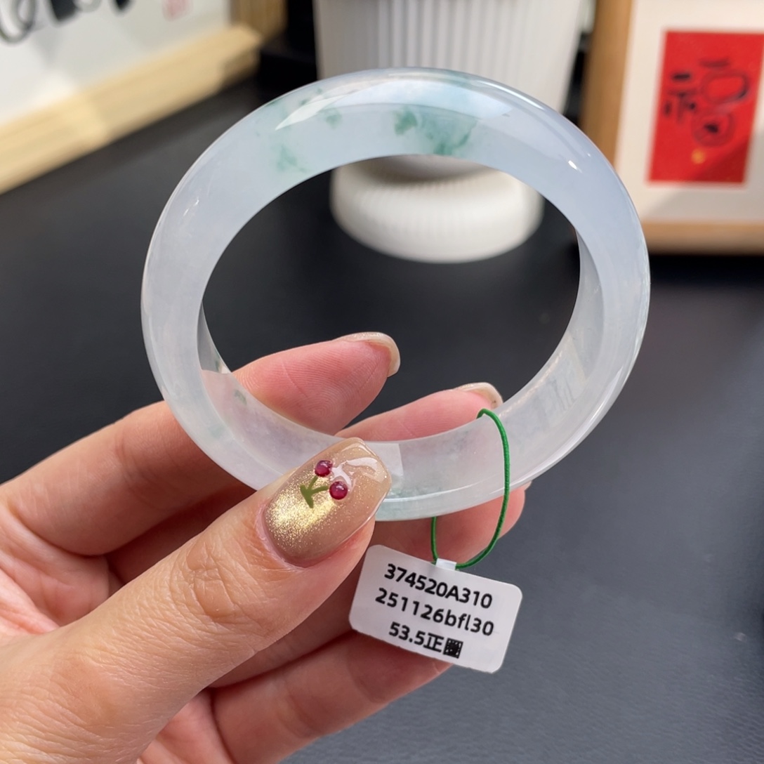 翡翠未镶嵌手镯正圈53.5白冰飘花 起光