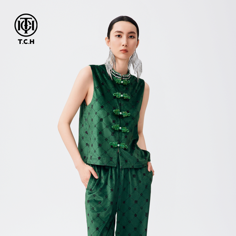 TCH轻奢烫钻工艺复古丝绒马甲女外穿洋气马夹女T72C016030私服tch