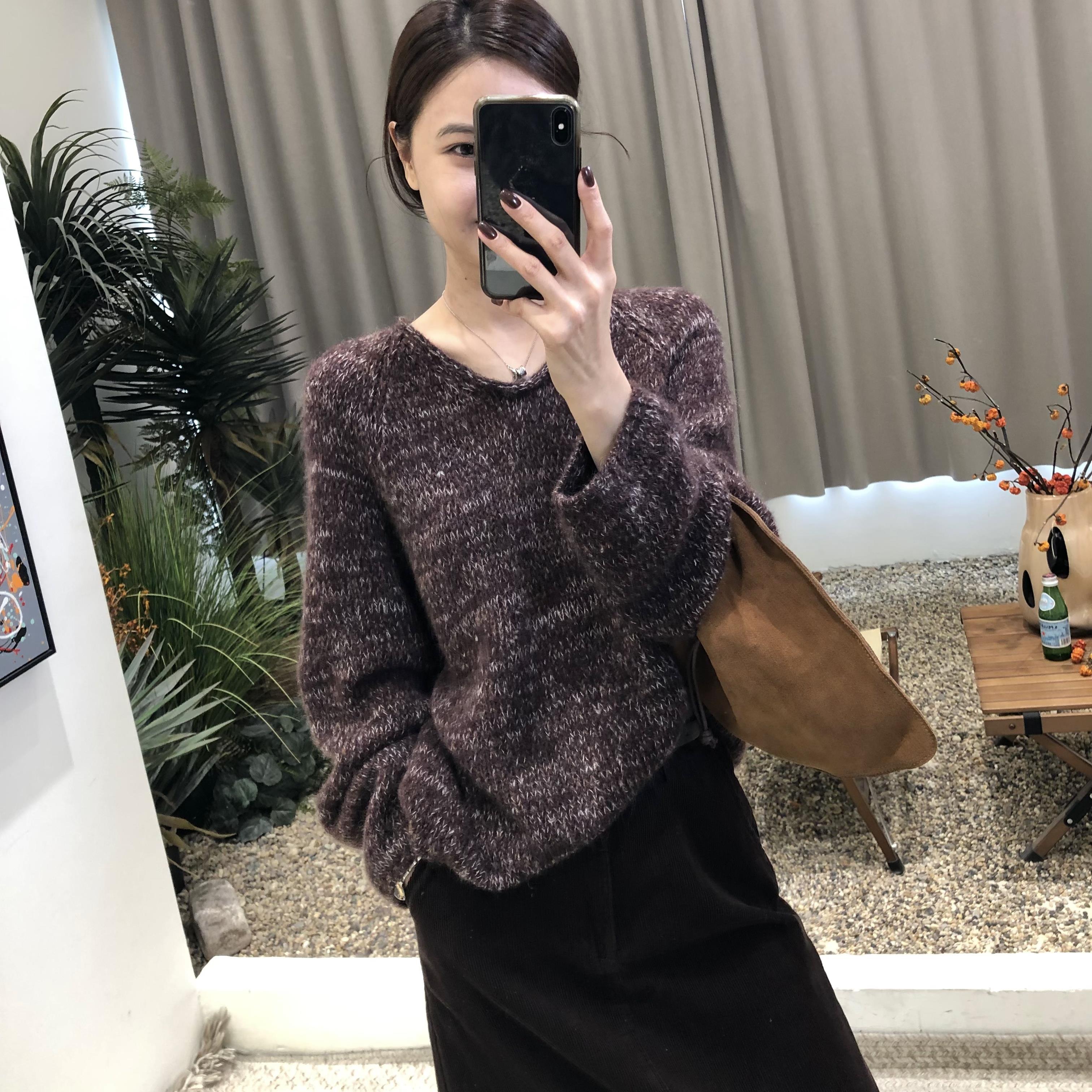 静奢针织 高品进口马海毛羊毛双色纱线 U领毛衣慵懒高级感毛衣女