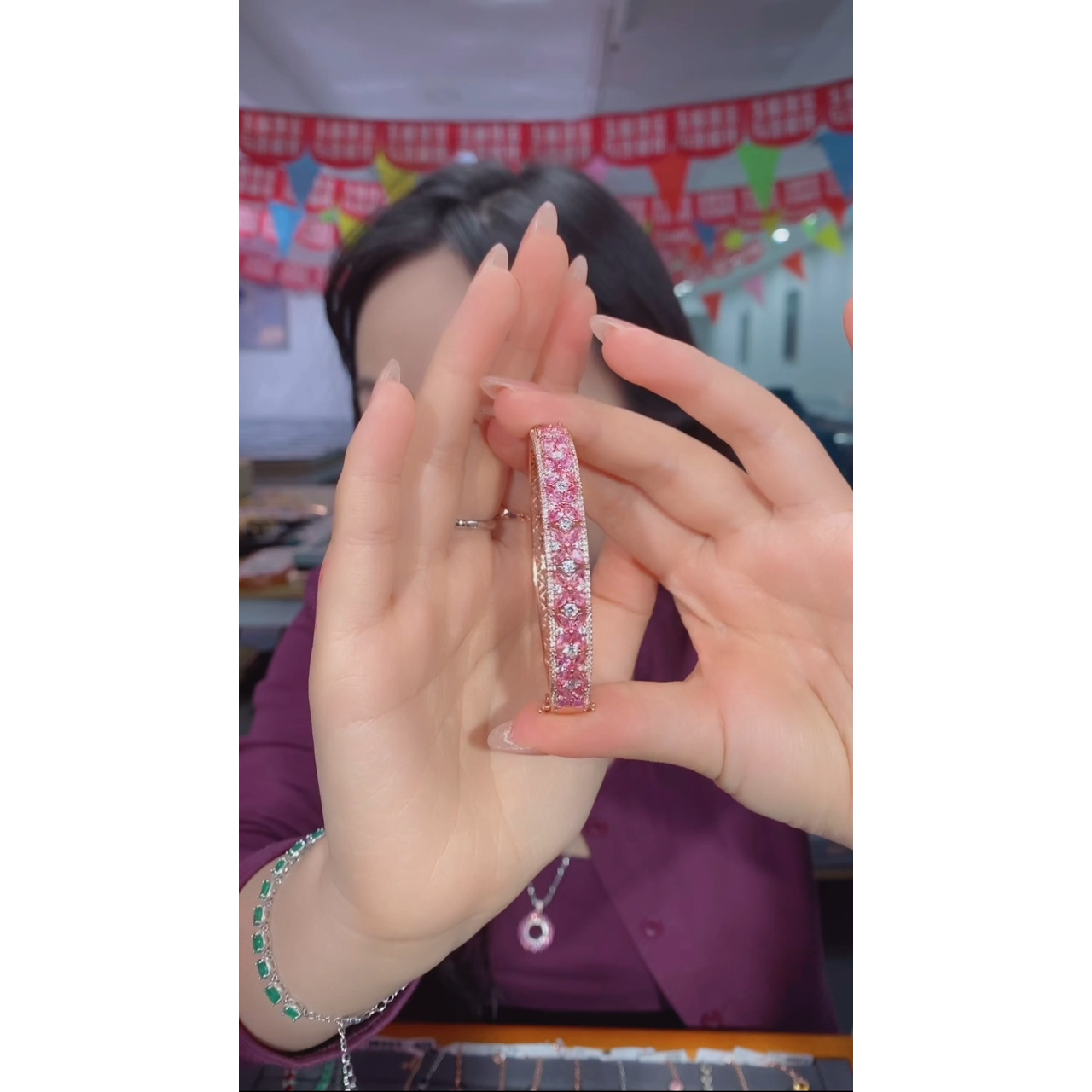 彩色蓝宝石手镯银S925镶嵌@@E8788