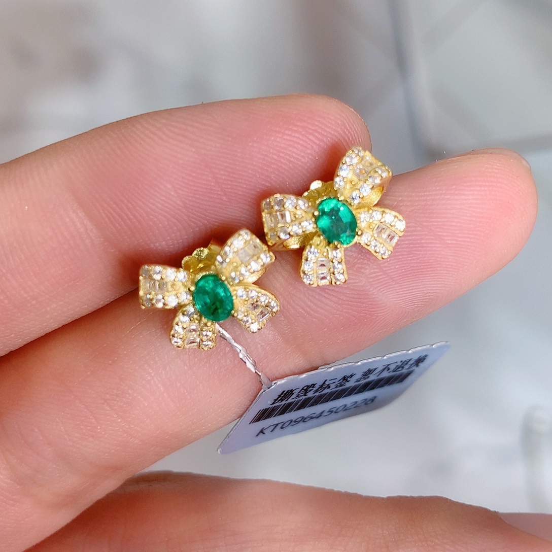 祖母绿耳钉银S925镶嵌