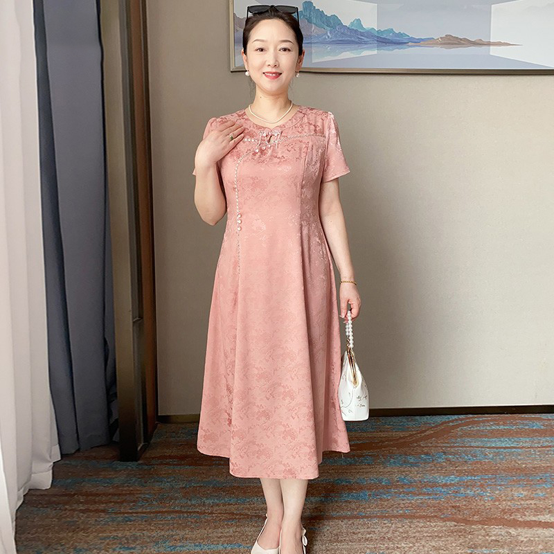 新中式妈妈夏装国风连衣裙时尚贵夫人改良旗袍中老年女过膝长裙子