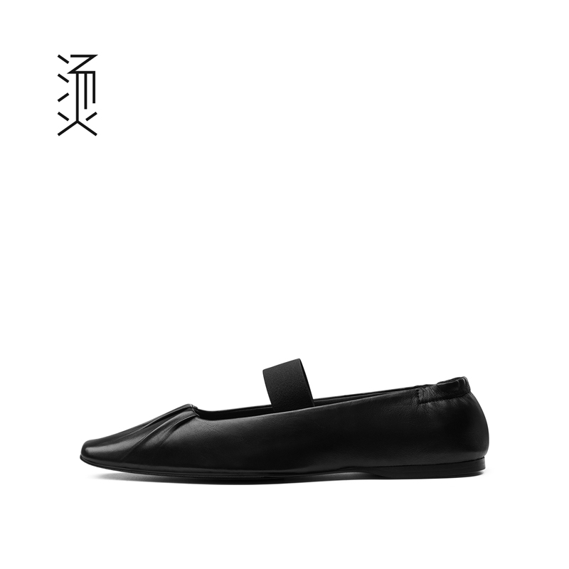 烫[自]黑褶皱超软羊皮芭蕾风平底单鞋