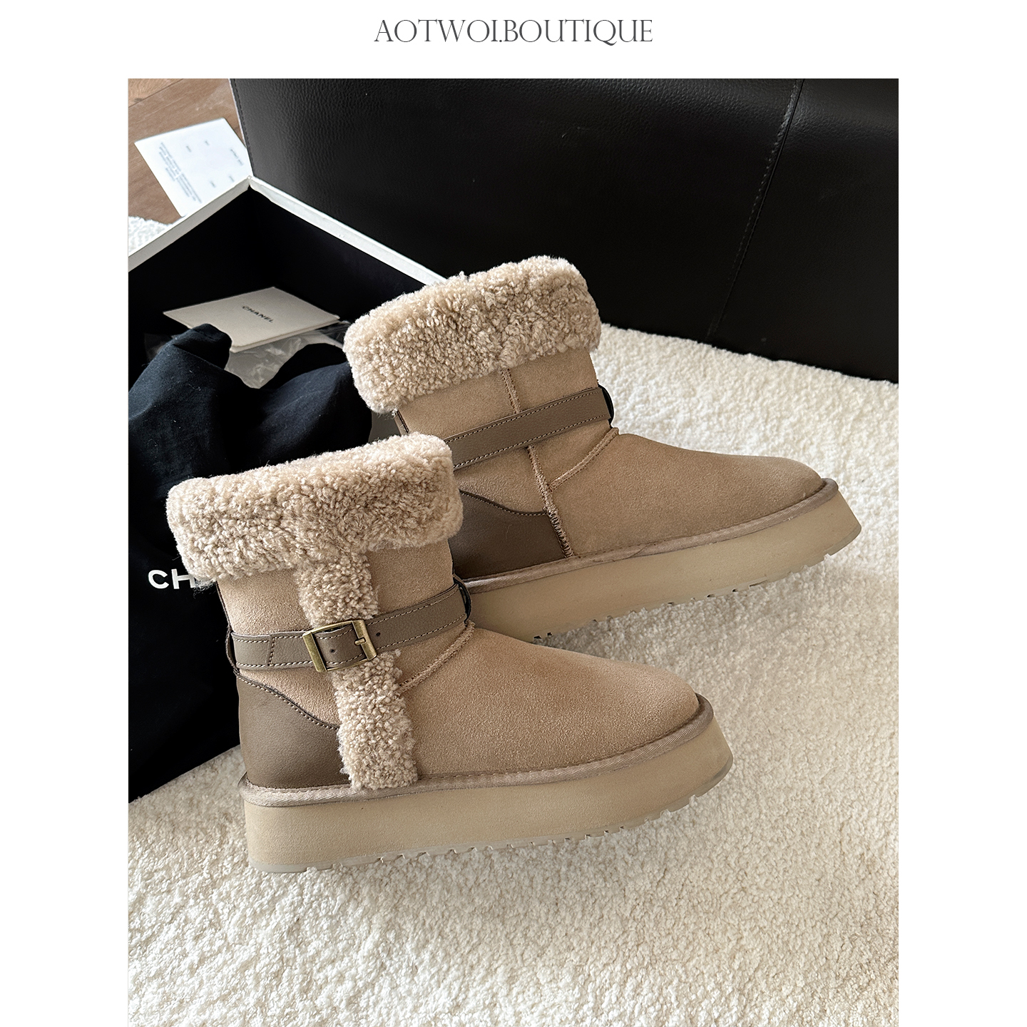 AoTwOi 【黑标系列】增高加绒保暖雪地靴女厚底防滑羊毛短筒毛毛靴
