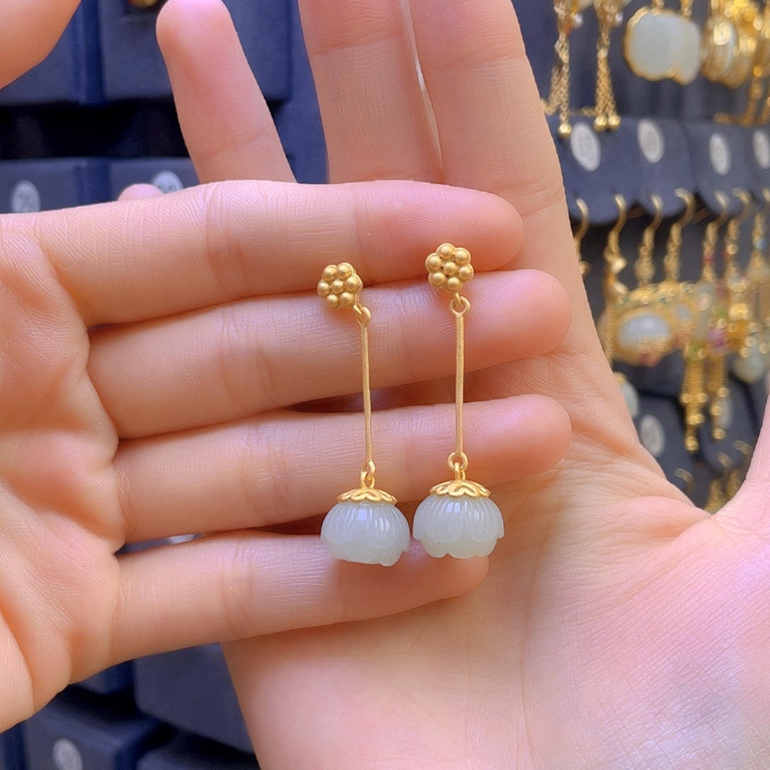 和田玉耳饰银S925镀金镶嵌