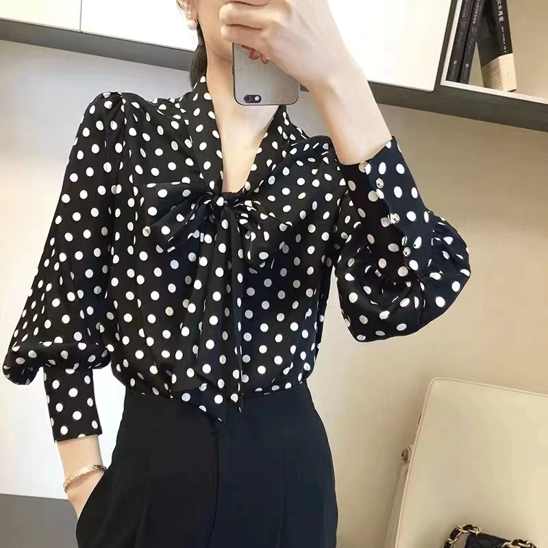 90338波点飘带上衣百搭气质轻奢韩版时尚女士