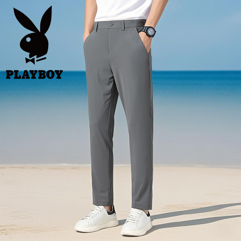 PLAYBOY/花花公子夏季薄款冰丝男士休闲裤韩版修身小直筒青年男装