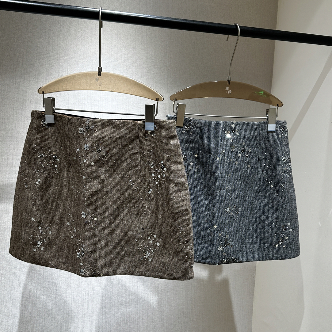 高腰直筒珠片半裙