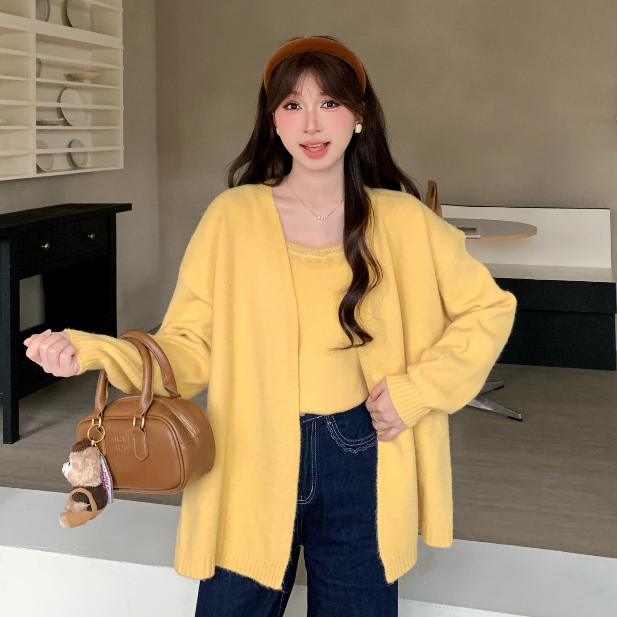 【小云总专享】29271法式洋气宽松百搭针织开衫搭配打底吊带两件套