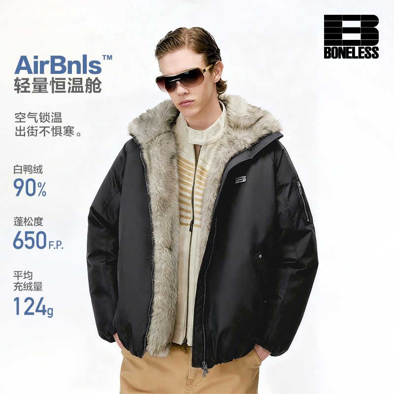 【岛系工装】BONELESS拼接毛边立领派克羽绒服冬季保暖防寒外套男