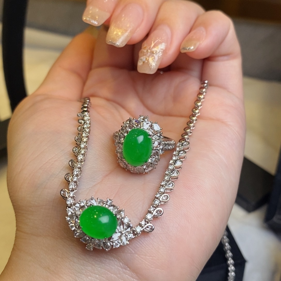 翡翠项链18K金镶嵌蛋面套链戒指多用款