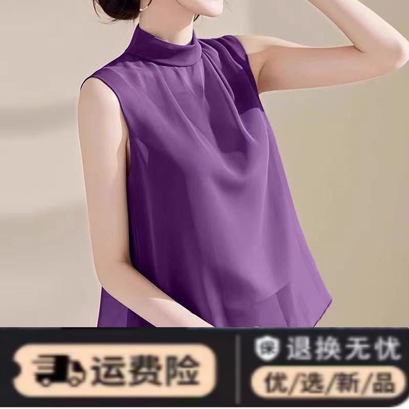 无袖2025纯色宽松新款气质夏季洋气衬衣立领上衣背心简约雪纺衫
