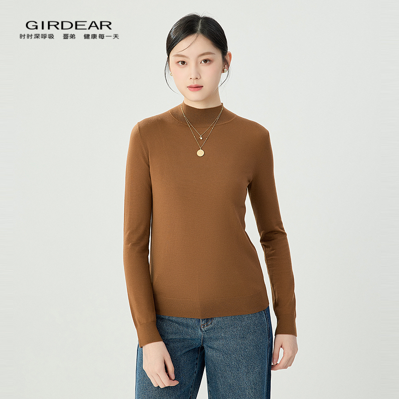 哥弟新款老钱风绵羊毛简约无缝工艺套头素色烟管领针织衫1399330