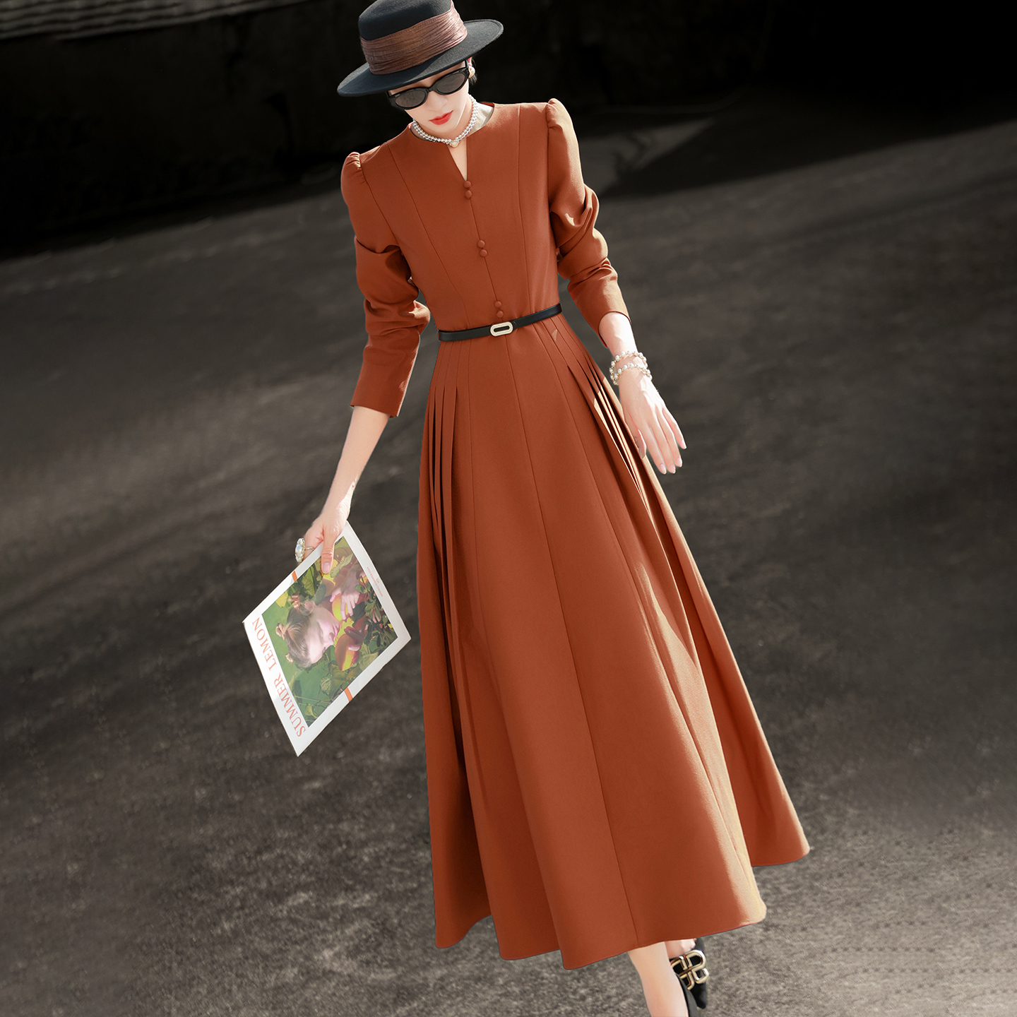 MEXCOCO/兰瑟儿秋季新款气质法式褶皱轻礼服收腰连衣裙775QL3507