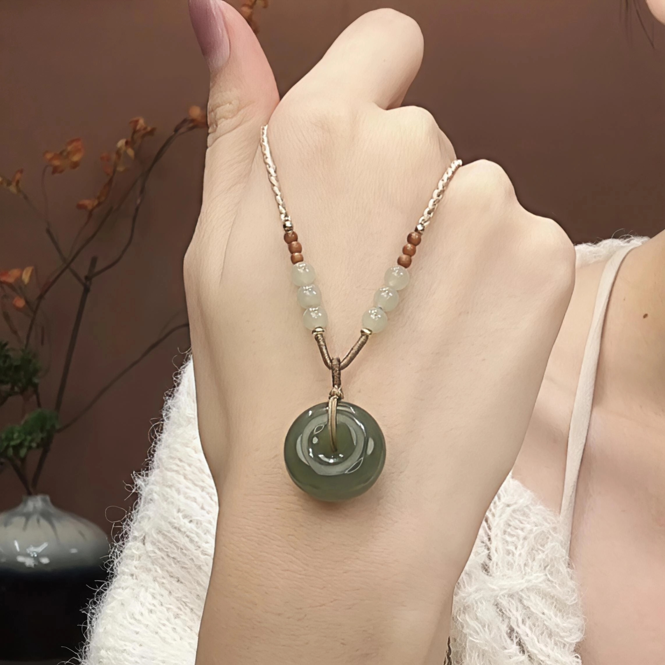 S天然和田玉卡17mm起冰胶厚装平安扣吊坠+设计款珠宝绳多样发一件