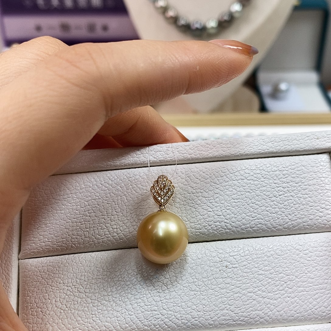 吊坠(不含链)海水珍珠18K金镶嵌12.8m南洋金珠吊坠（茶金品质）