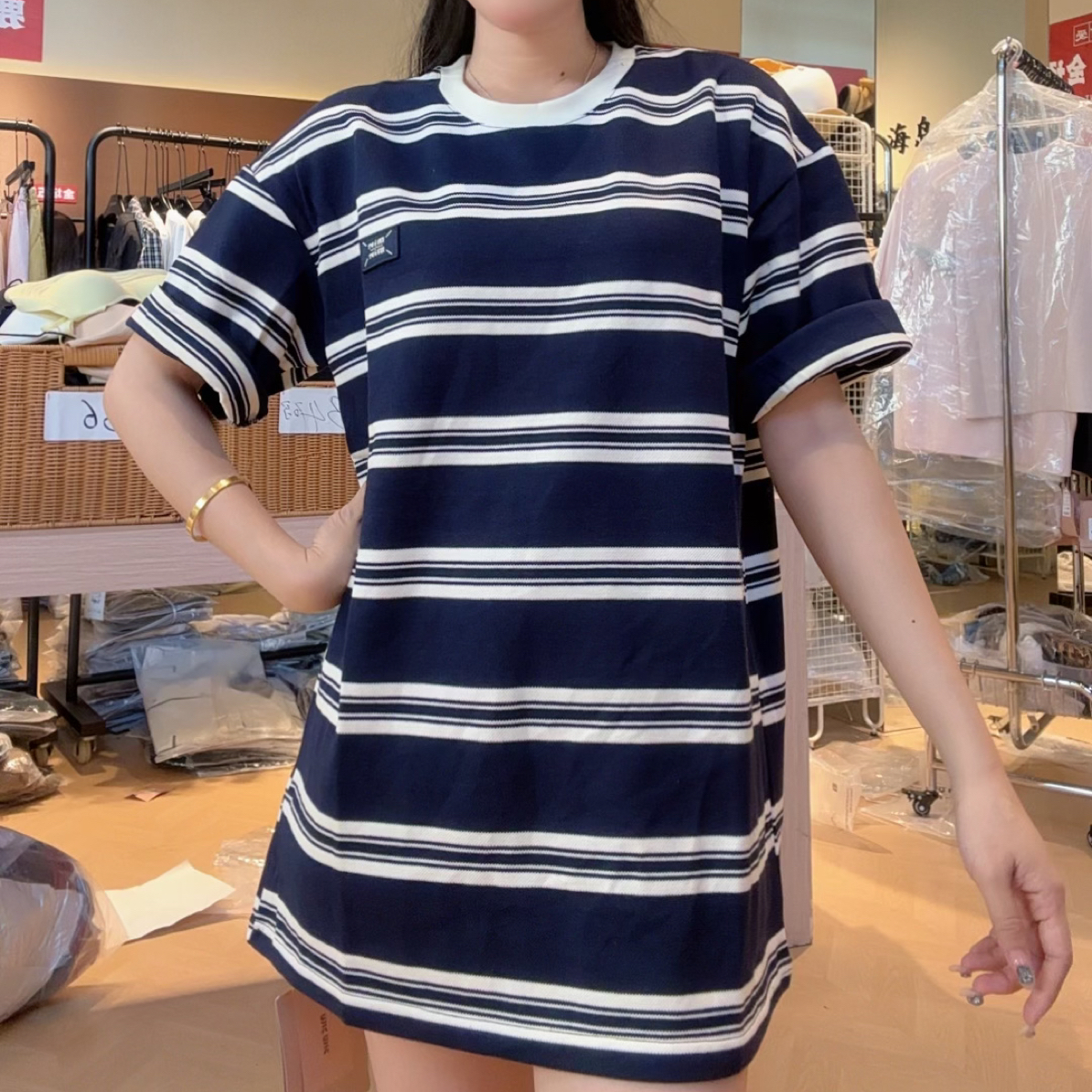 短袖夏季女印花小众条纹美式短袖T恤7776