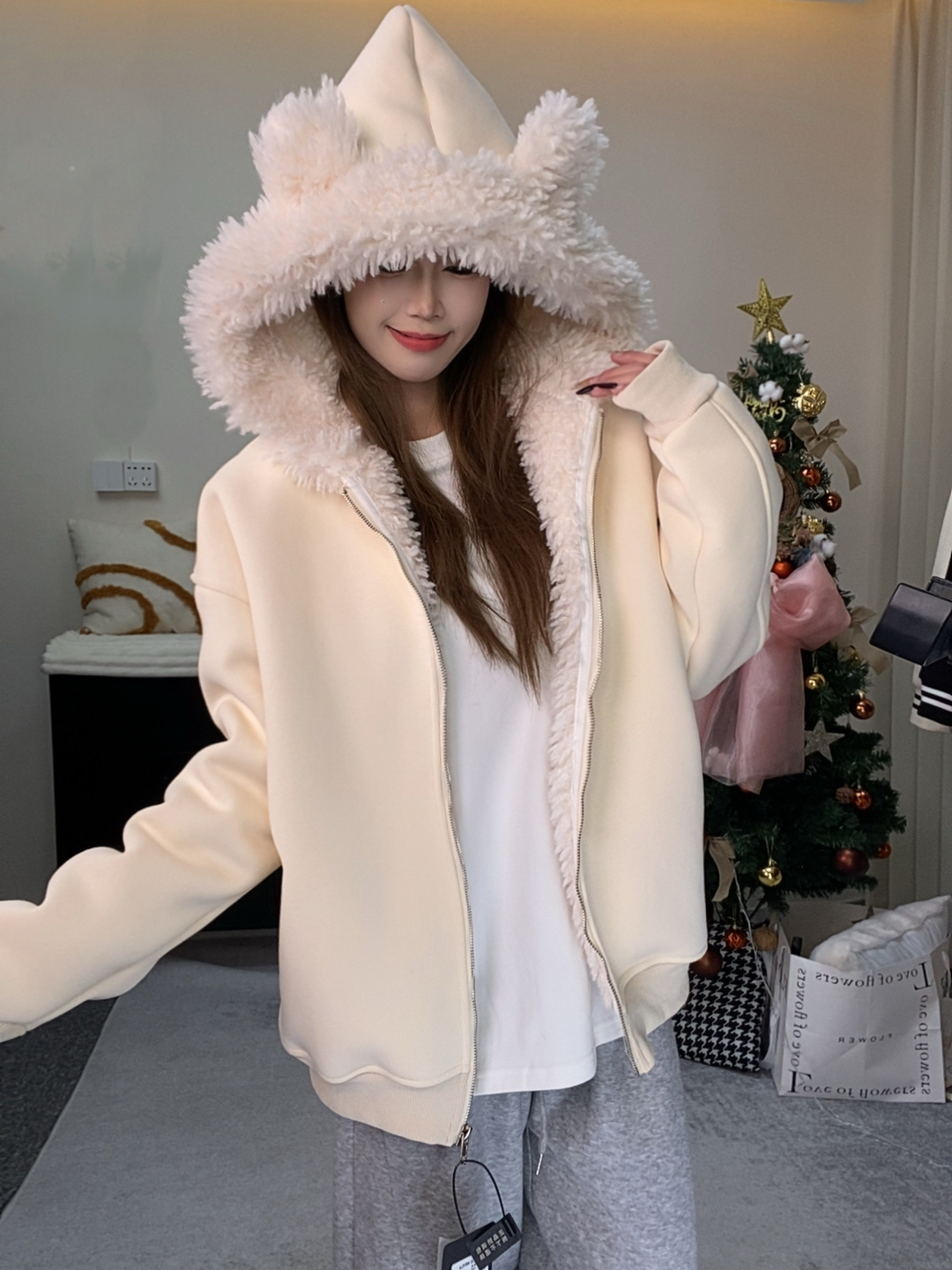 【冬眠小熊】短款休闲宽松软萌小熊耳朵颗粒绒百搭外套连帽LW011