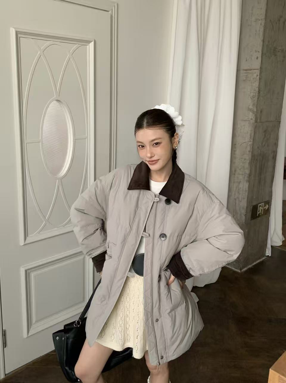 ZHANG&AHXM韩版翻领巴恩风中长款羽绒服85666