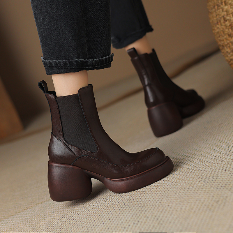 牛皮/8cm/秋冬时尚百搭增跟高舒适粗跟厚底妈妈鞋真皮短靴