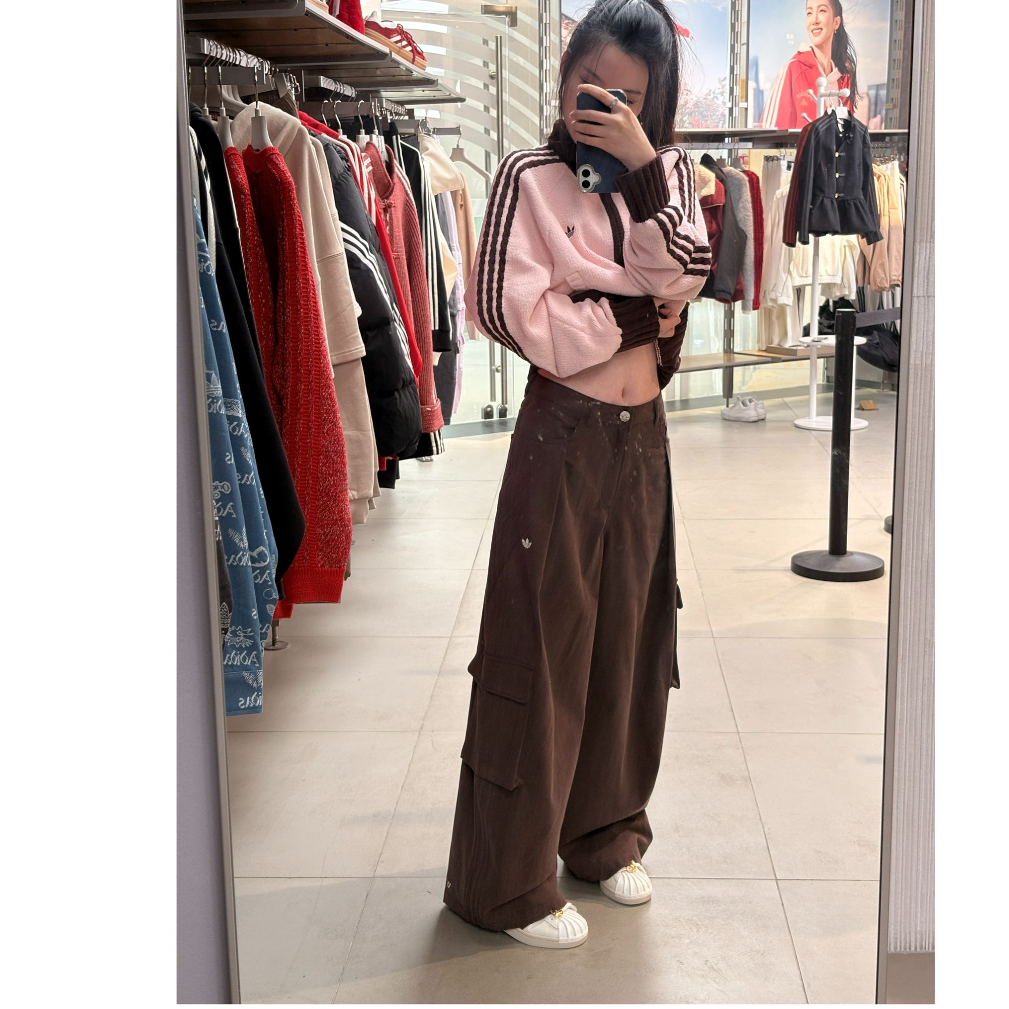 adidas三叶草厚款工装裤高腰口袋极简风直筒休闲裤直筒 IA7511 