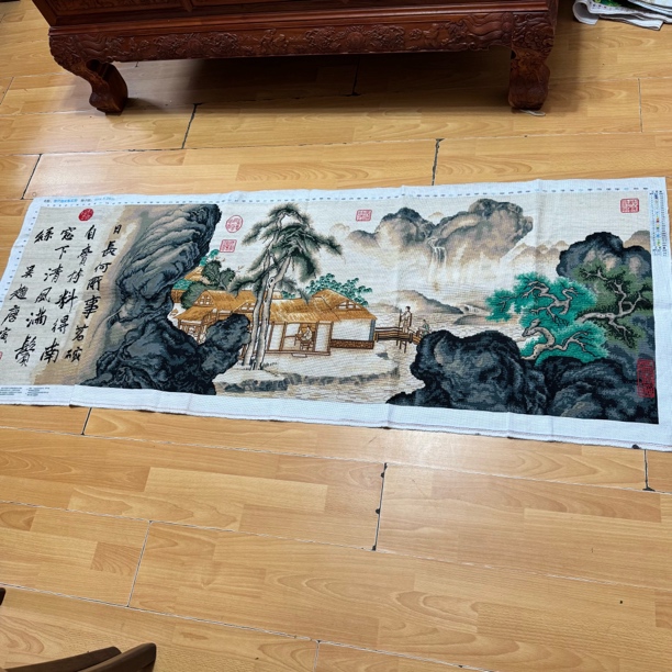 纯手工十字绣成品人工绣好的图唐寅事茗图192乘70装饰挂画