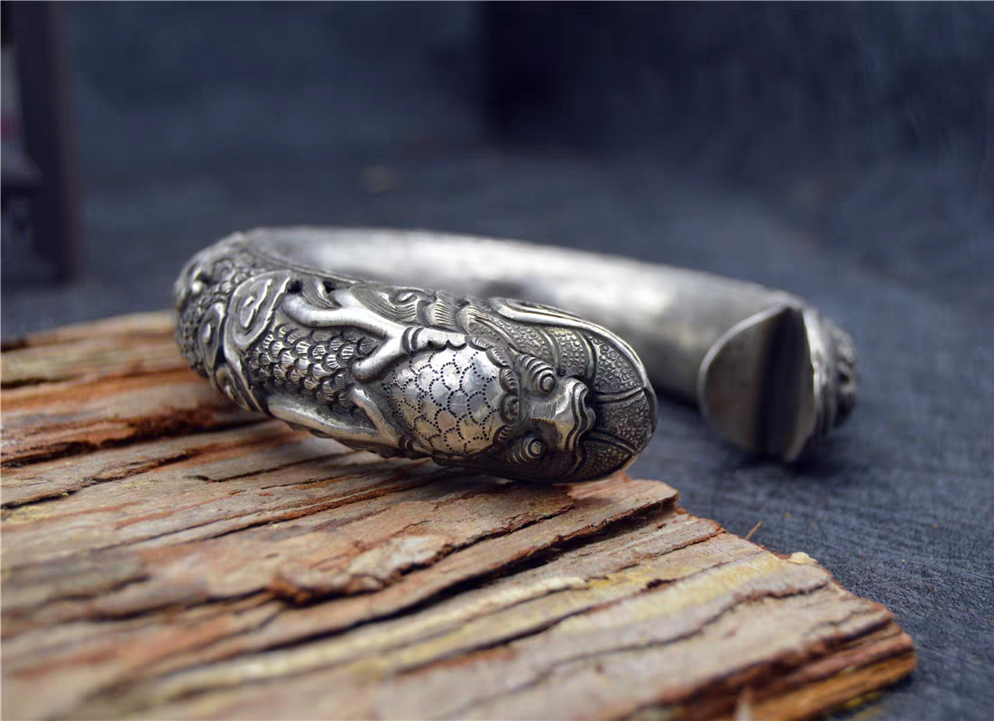 足银手镯 中国复古风设计镂空浮雕花手工男士霸气龙头高级感手镯