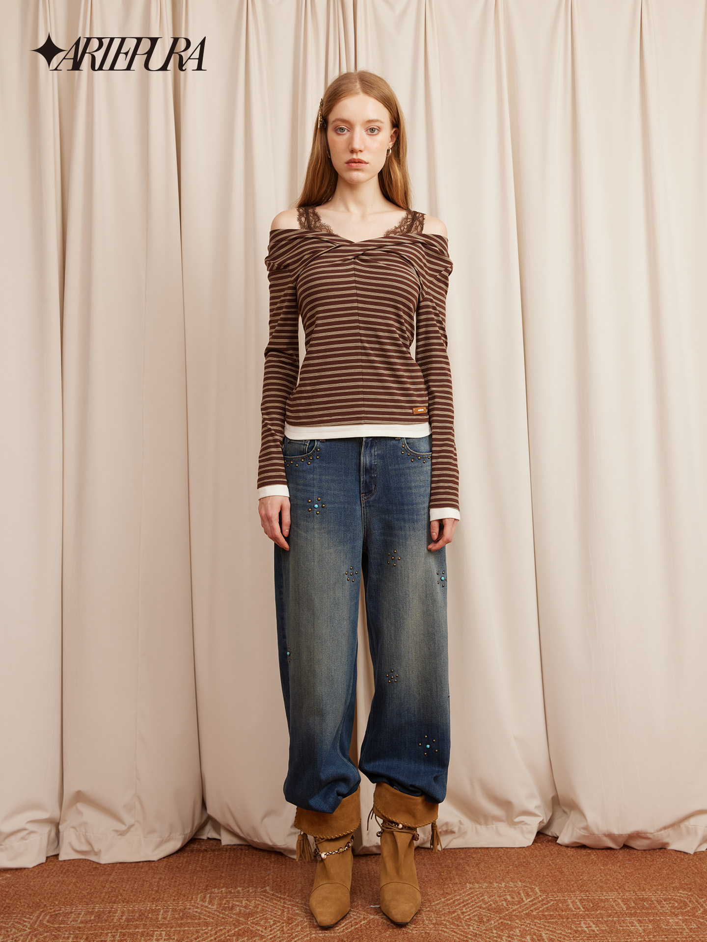 ARTÉ PURA 25秋冬胶囊棕色条纹蕾丝拼接内搭长袖（no退可换款换码）