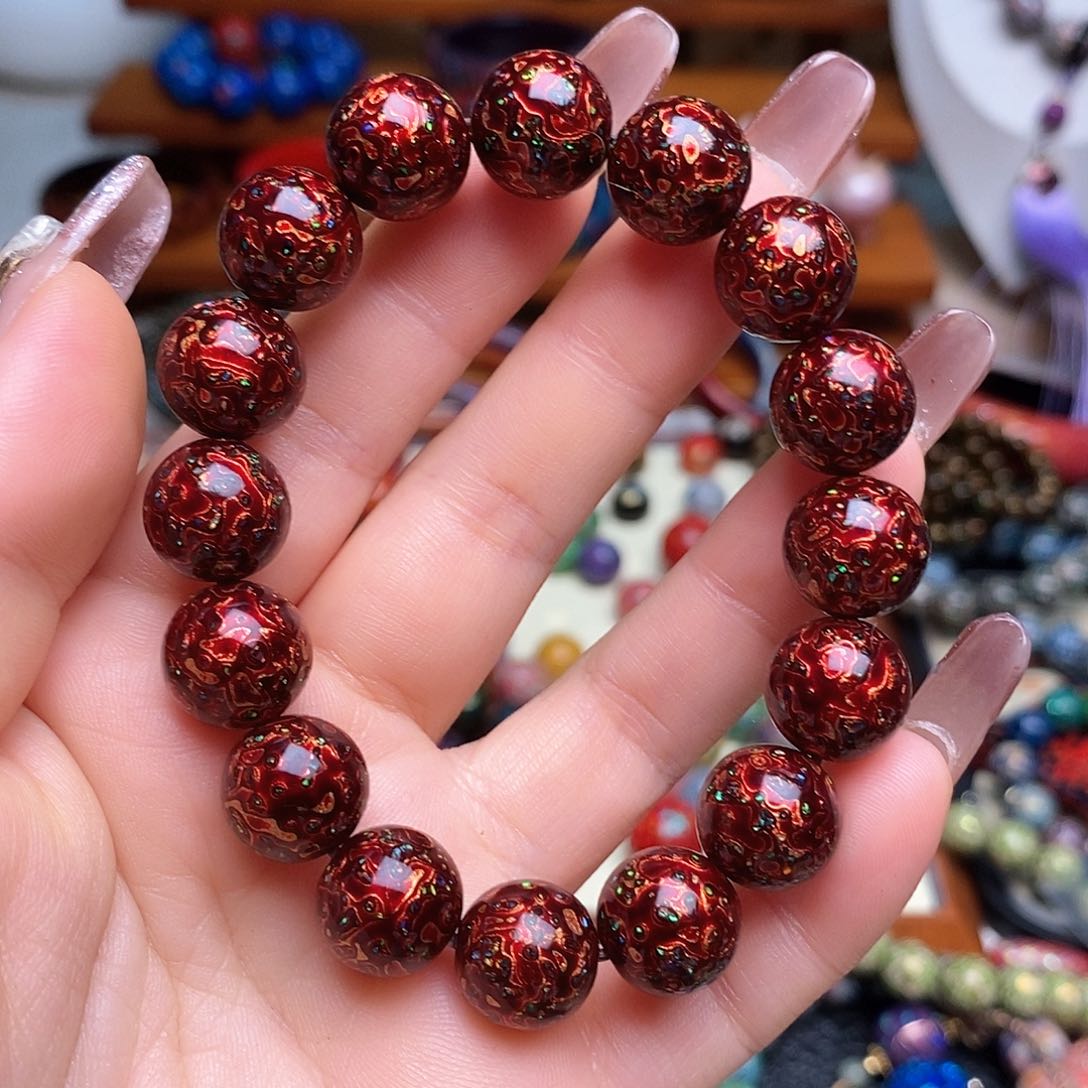 大漆珠12mm犀皮纹精品极光红金手串