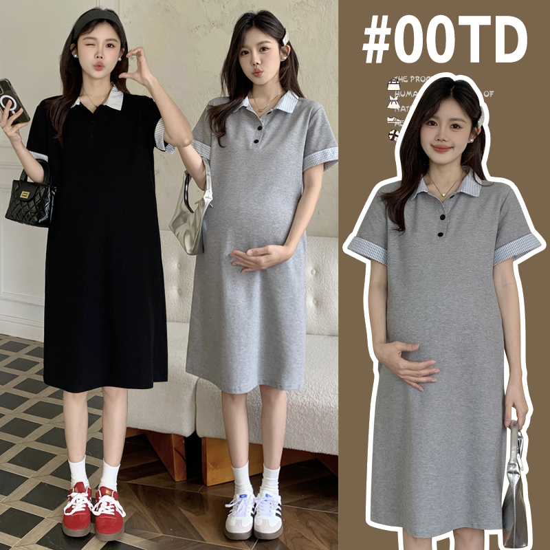 【小雯】2025孕妇装夏季显瘦设计感拼接假两件POLO大码衣裙