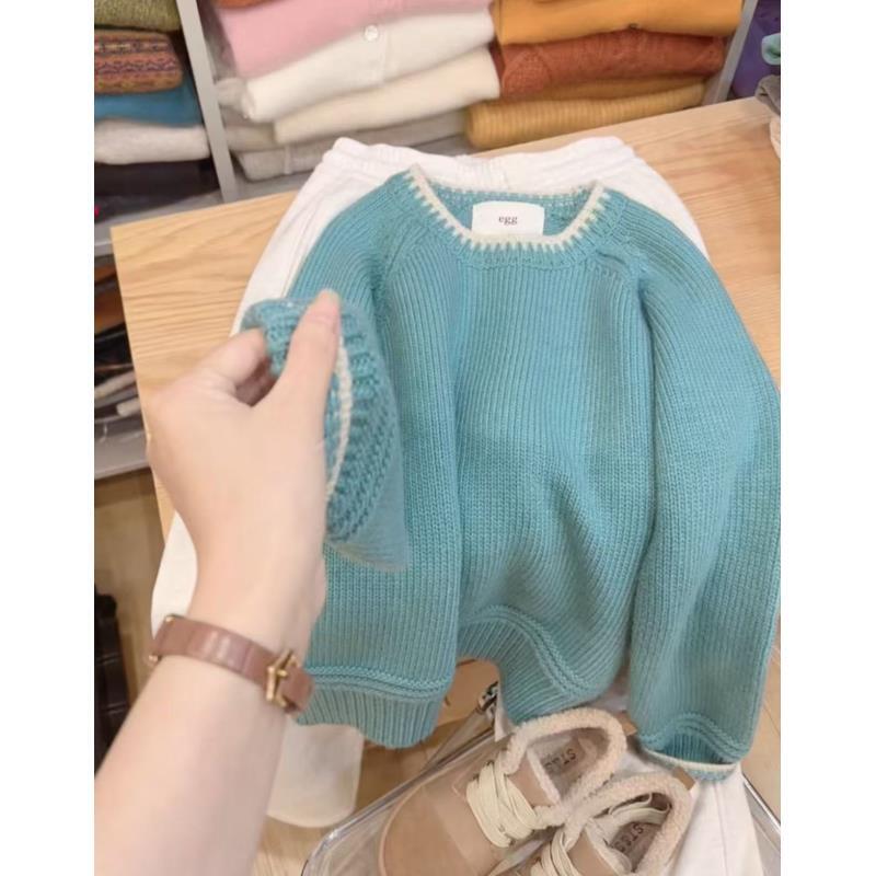 七言家 显白粉色湖水蓝！钩编领加厚女士毛衣3331