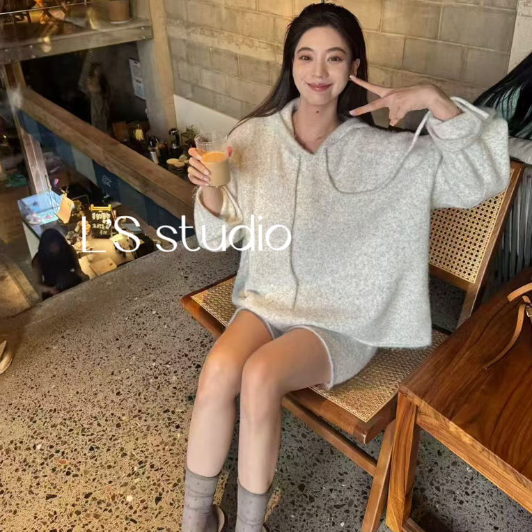 L'S百搭开衫圆领中长款灰色毛针织衫连帽慵懒风常规款