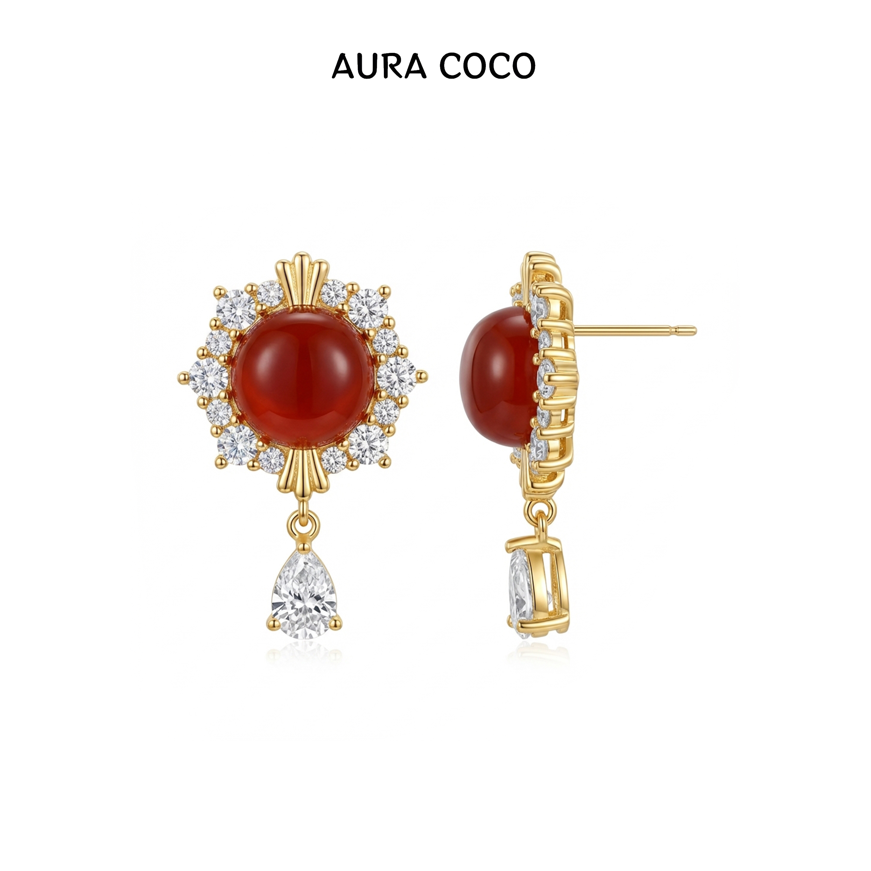 COCO高定 镀K金 红sui太阳水滴钻耳钉耳坠耳饰XMC1062