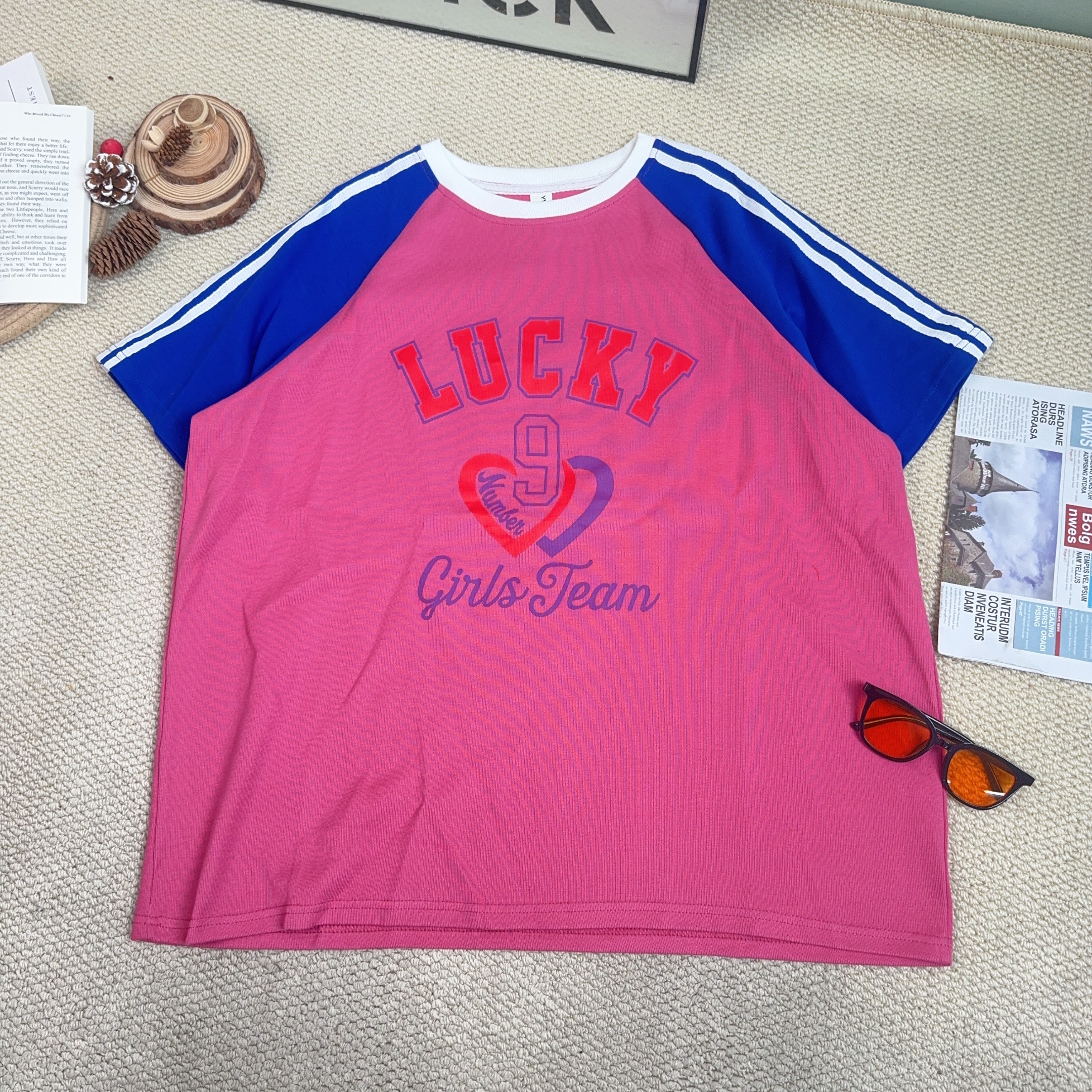 2025春季新款宽松百搭时尚拼色卡通印花短袖T恤9447