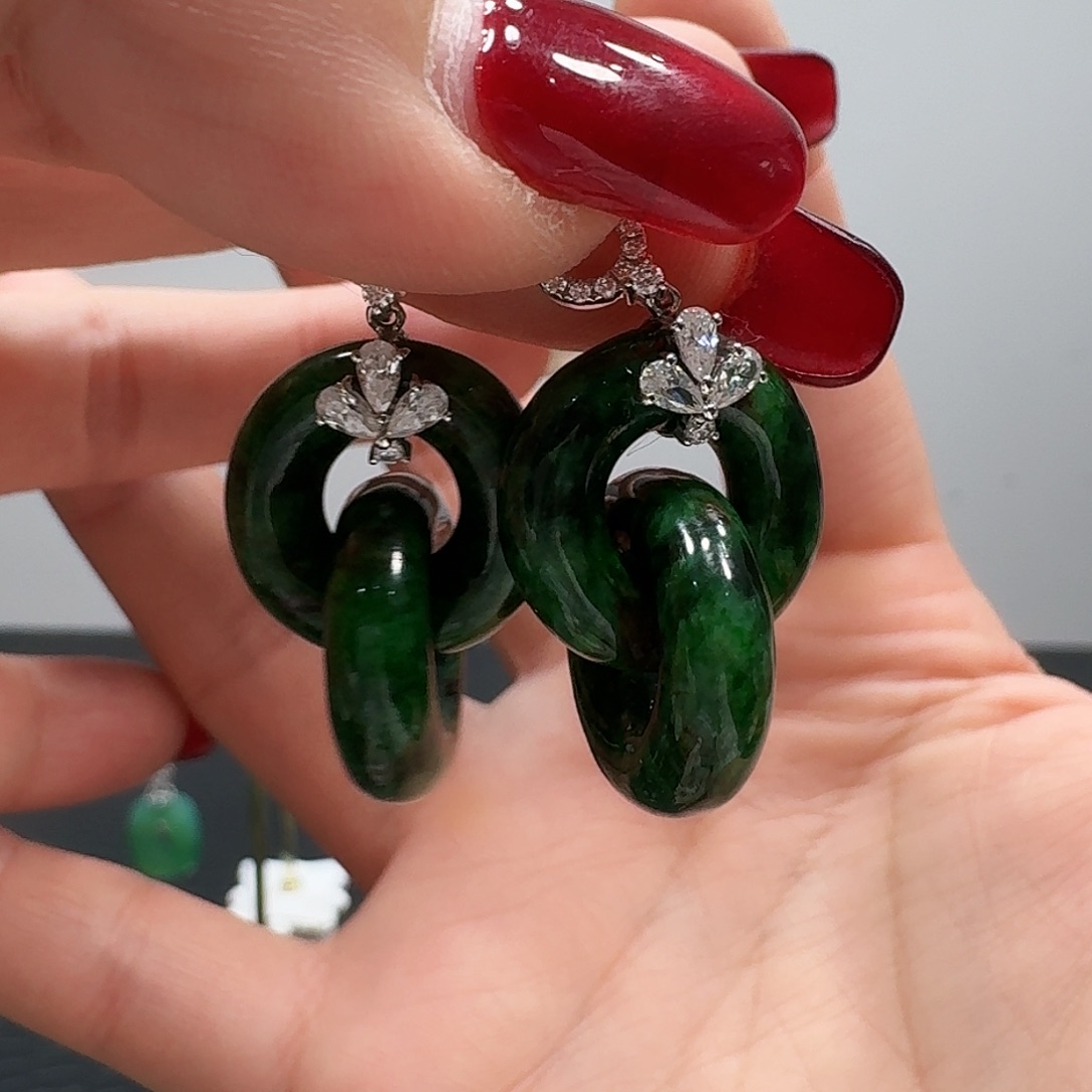 翡翠耳饰18K金镶嵌我****国耳饰 不含耳扣发