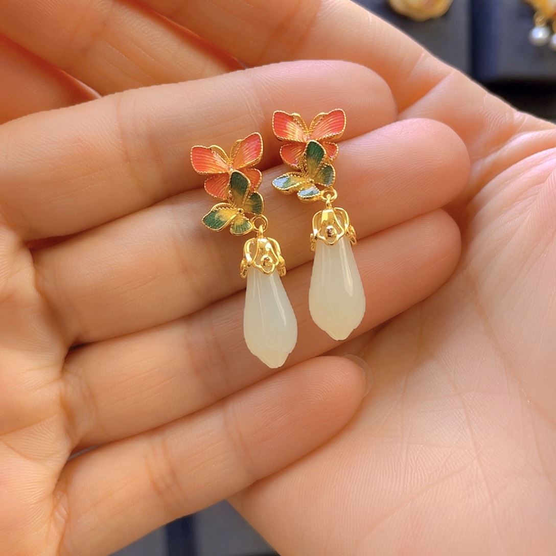 和田玉耳饰银S925镀金镶嵌