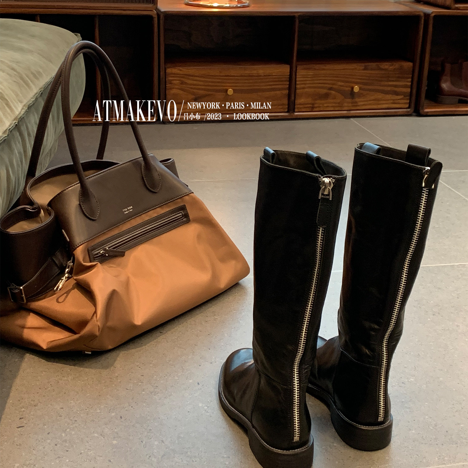 吕小布手工女鞋~原胚马皮长靴女褶皱粗跟骑士靴秋冬长筒靴子0242