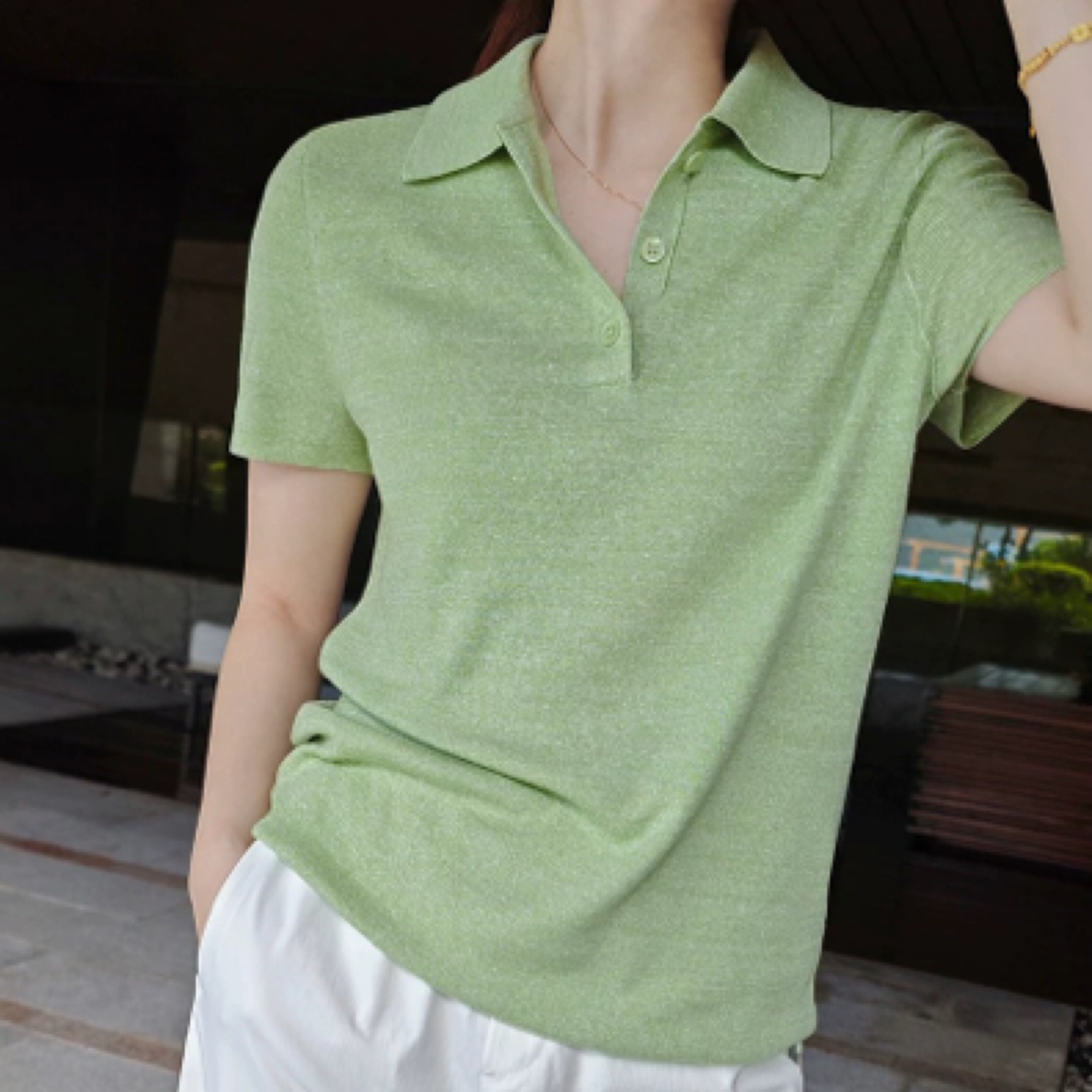 亚麻羊毛和巨美花纱，神仙审美啊！！4色，polo领针织衫短袖上衣