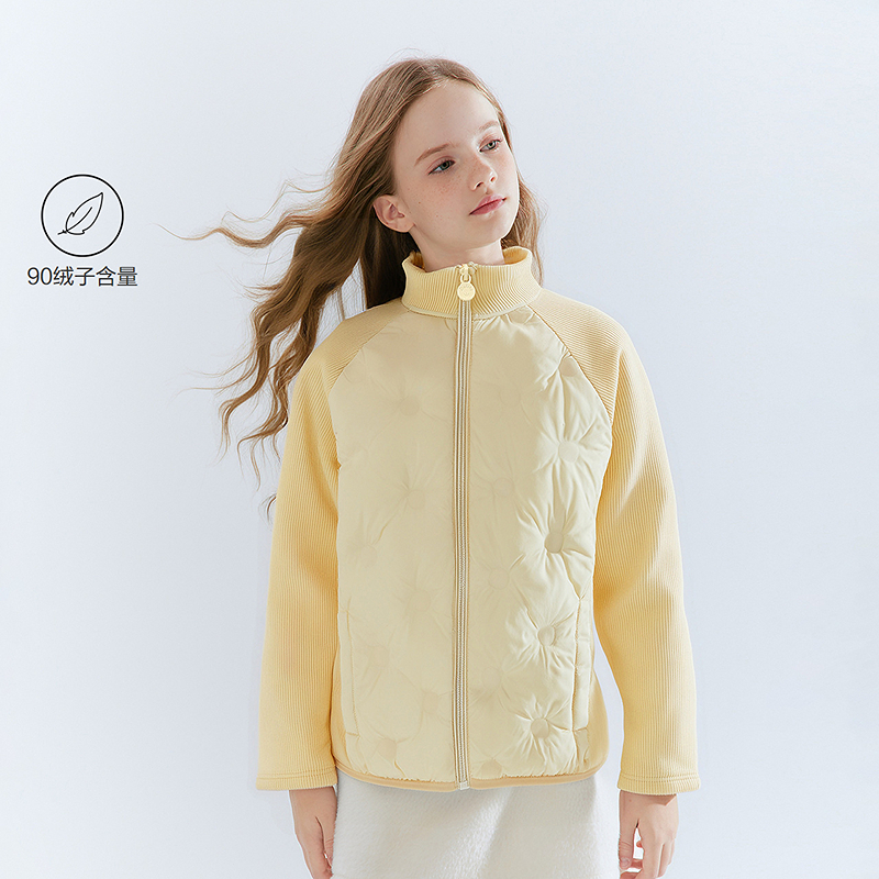 笛莎童装轻羽绒25年新款舒适直冲绒拼接款轻薄羽绒服女童冬季