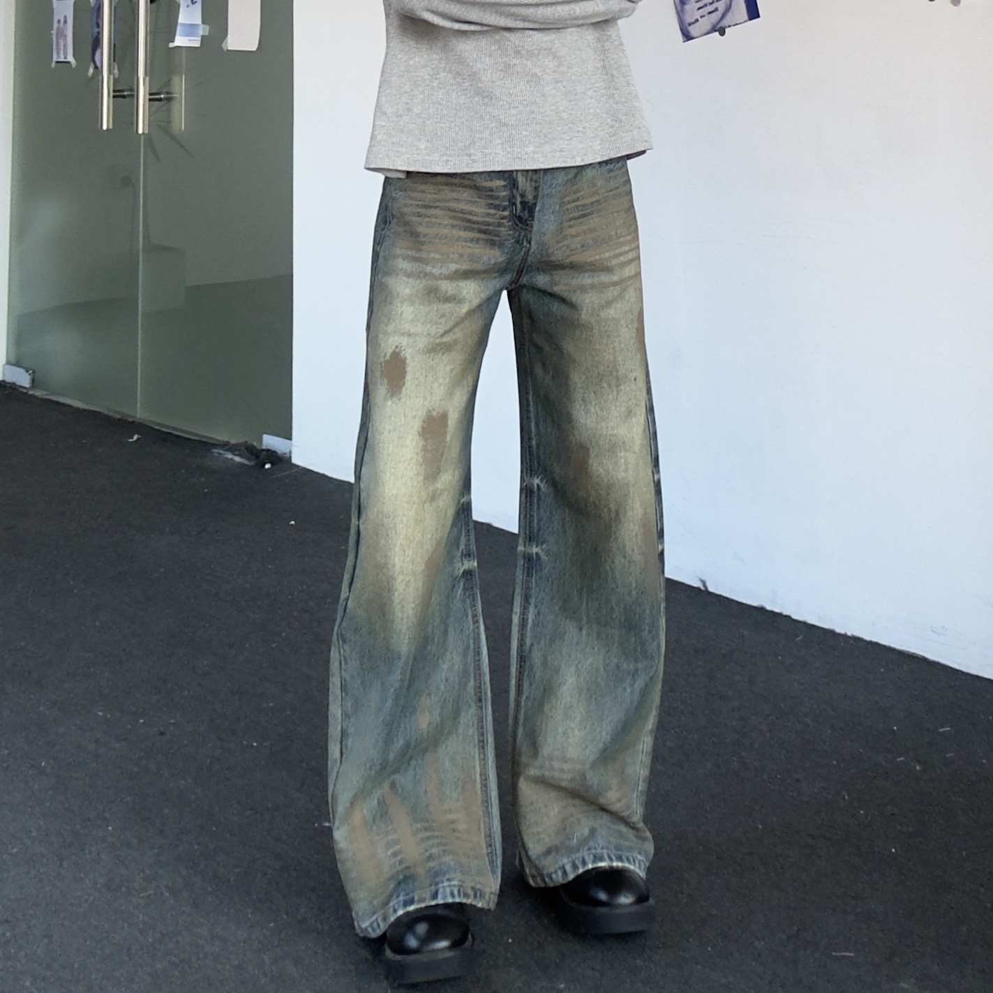 美式废土风泼墨脏染弯刀牛仔裤男女设计感直筒微喇cleanfit裤子