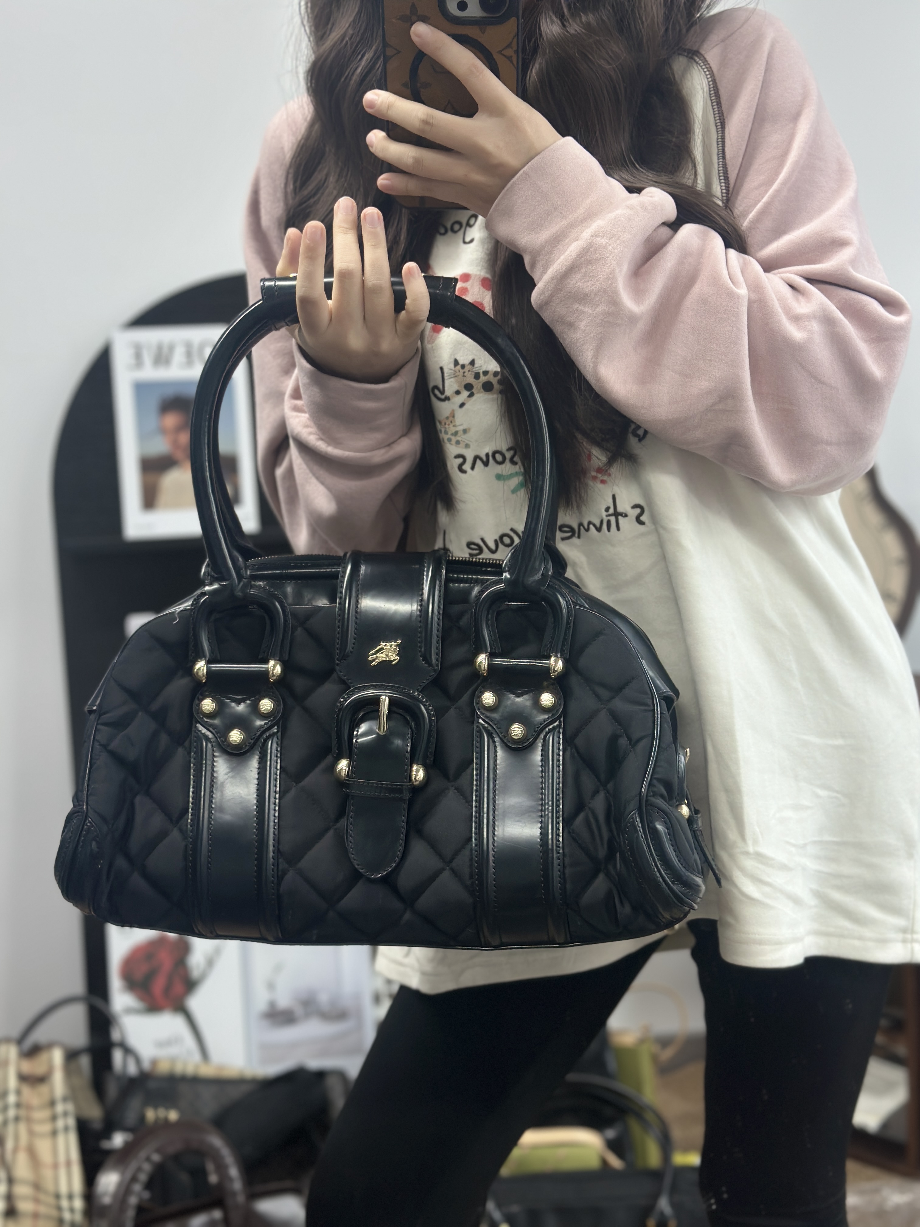 95新 BURBERRY/博柏利 菱格纹战马标手提包/jm356