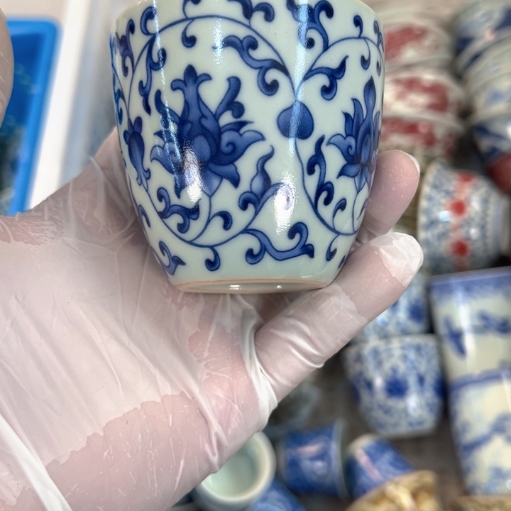 瓷片白青花缠枝莲铃铛杯主人杯全品